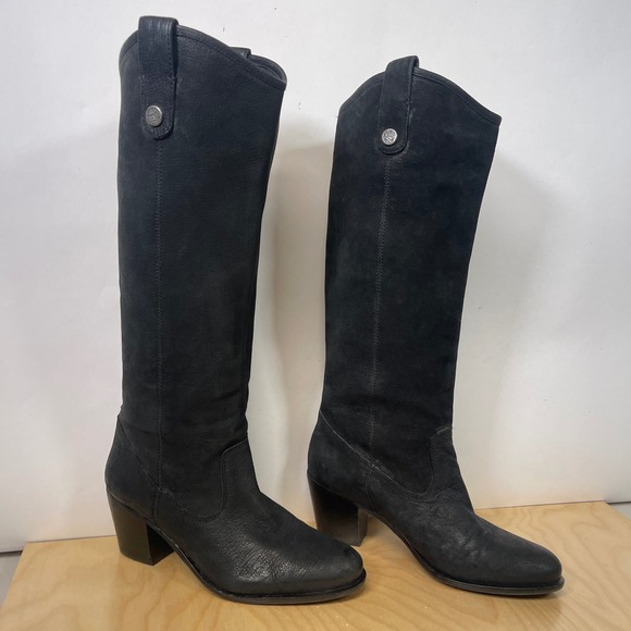 Vince Camuto Black Leather Riding Boots, Stacked Heel, Silver Button Detail - Picture 1 of 9